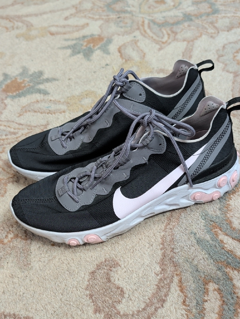 Nike Women's Black and Gray React Element 55 Sneakers with Pink Accents